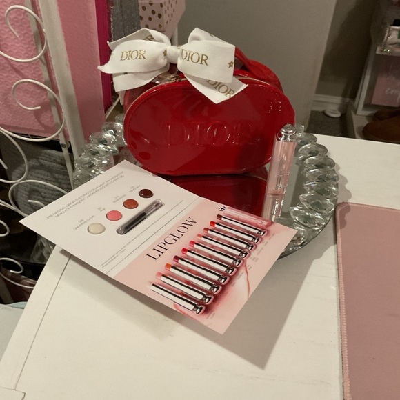 Dior Other - Dior Red Patent Cosmetic Case with White Logo Bow & Full Size Addict Lip Balm